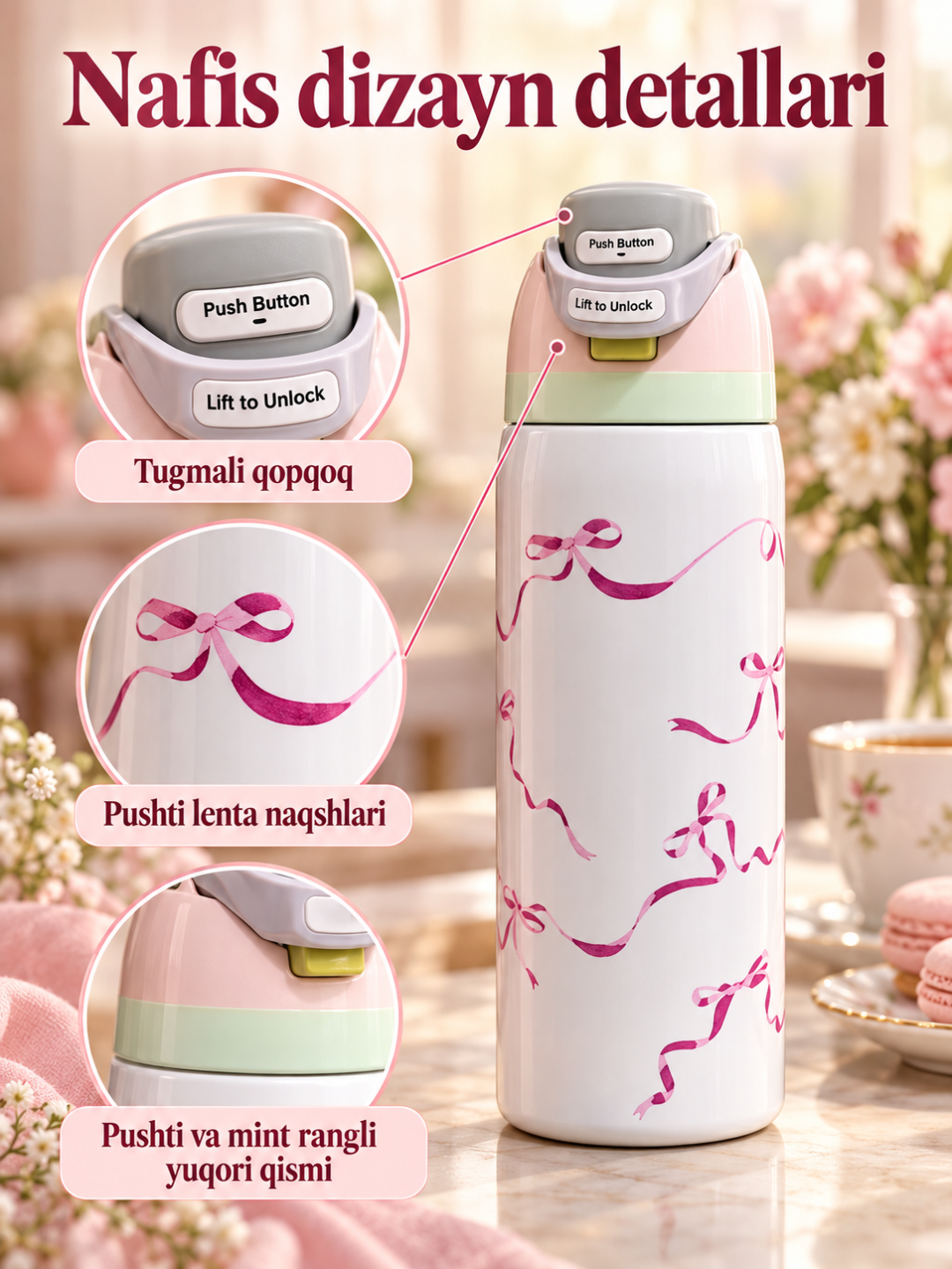 Termos 950 ml, tugmali qulflanadigan qopqoqli, rangli dizayn