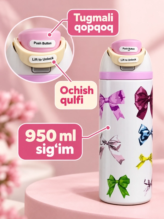 Termos 950 ml, tugmali qulflanadigan qopqoqli, rangli dizayn