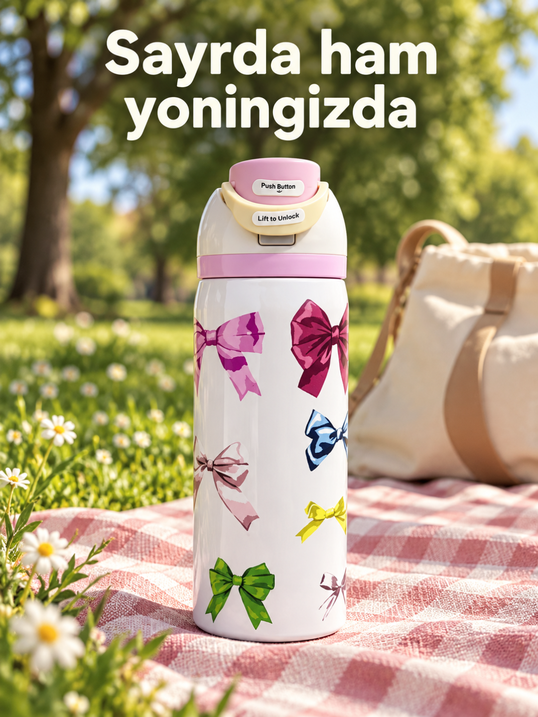 Termos 950 ml, tugmali qulflanadigan qopqoqli, rangli dizayn