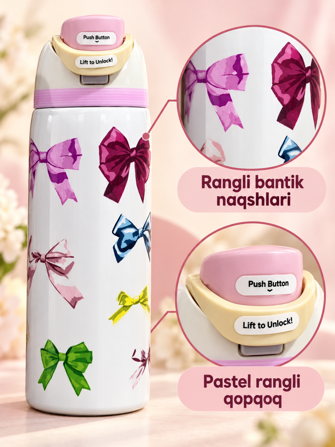 Termos 950 ml, tugmali qulflanadigan qopqoqli, rangli dizayn