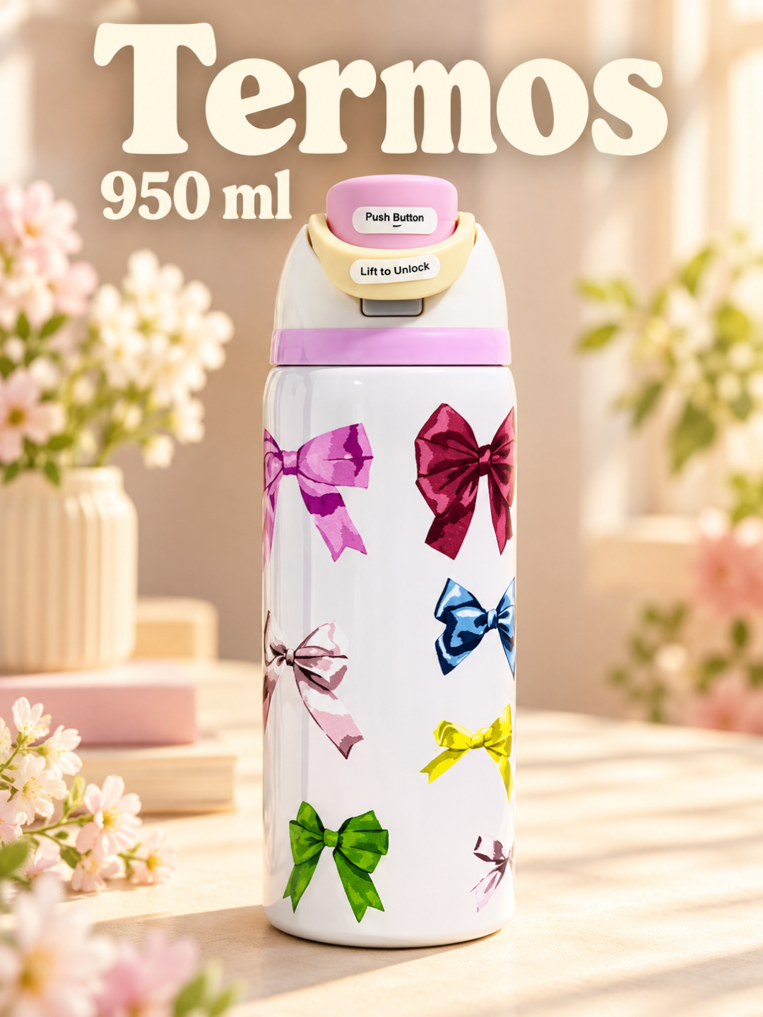 Termos 950 ml, tugmali qulflanadigan qopqoqli, rangli dizayn - 