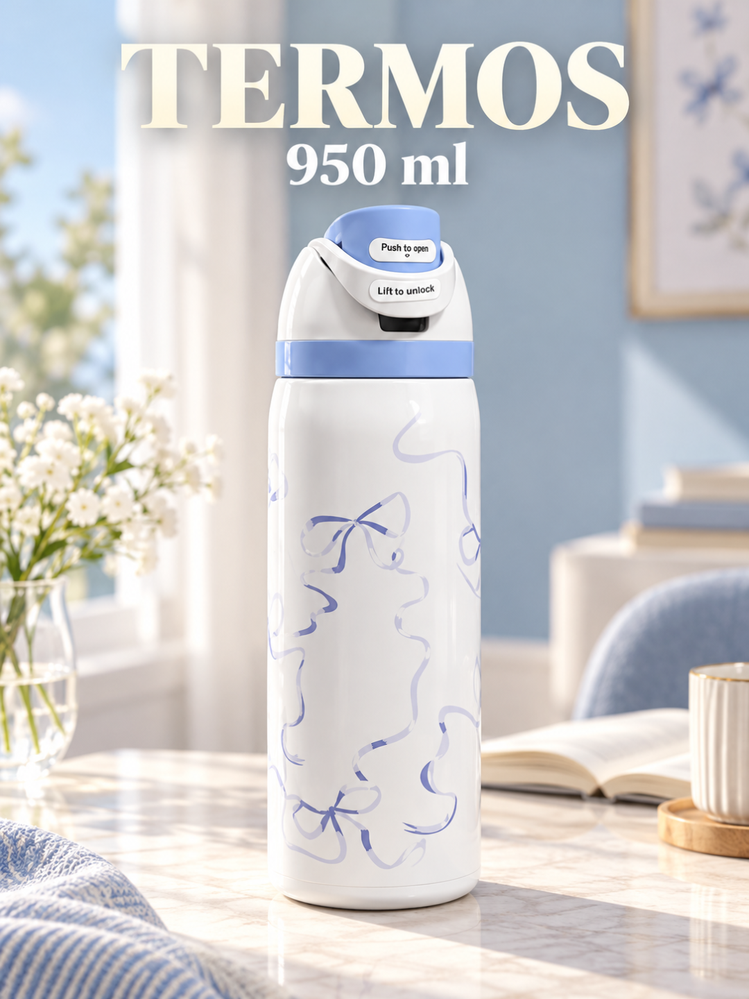 Termos 950 ml, tugmali qulflanadigan qopqoqli, rangli dizayn