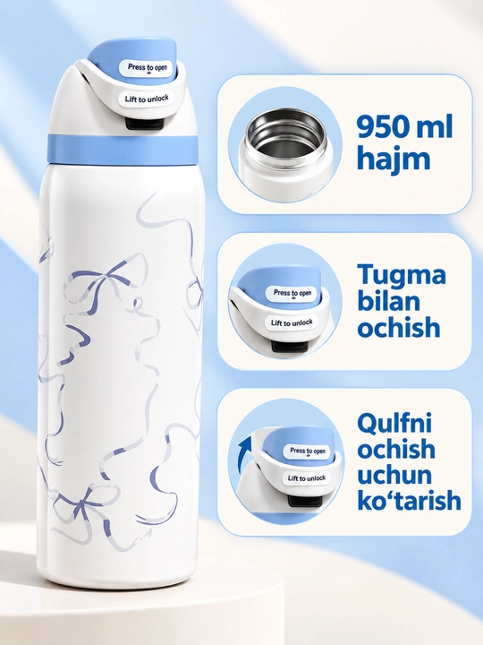 Termos 950 ml, tugmali qulflanadigan qopqoqli, rangli dizayn
