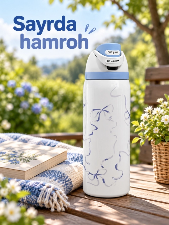 Termos 950 ml, tugmali qulflanadigan qopqoqli, rangli dizayn