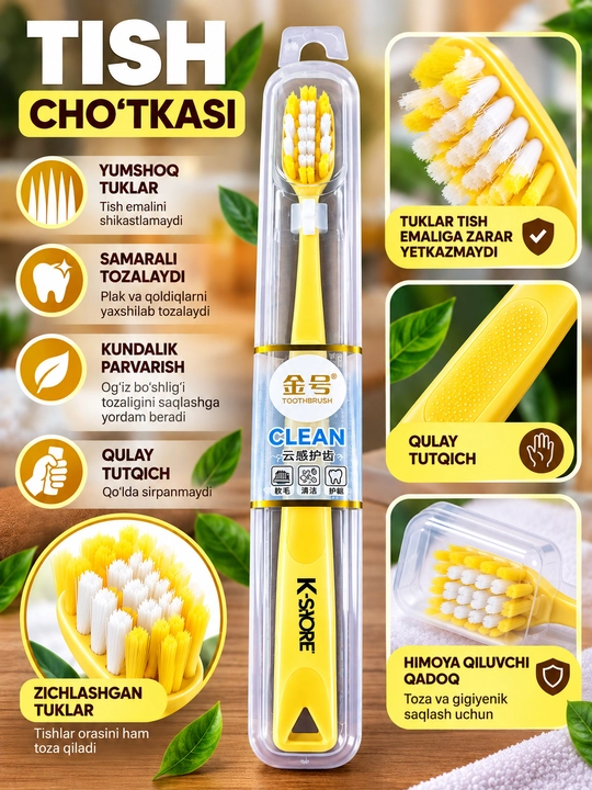 Tish cho‘tkasi, yumshoq tukli, himoya qopqoqli, kundalik og‘iz tozaligi uchun, turli rang - 