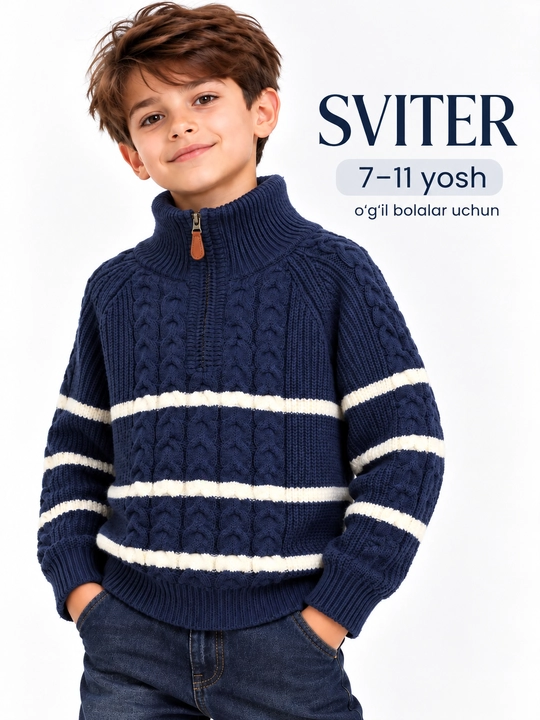O‘g‘il bolalar uchun sviter 7-11 yosh, kulrang naqshli zamokli, qora chiziqli issiq kiyim - 