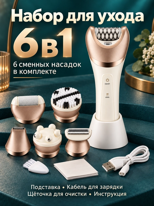 Эпилятор женский для тела 6 в 1, для удаления волос на ногах, лице и бикини