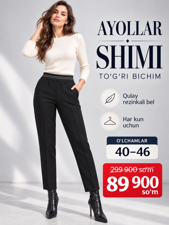 Ayollar uchun rezinkali klassik qora shim, bahorgi va kuzgi ayollar shimi - 