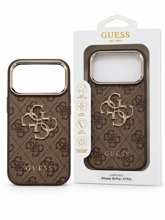 Чехол Guess 4G Classic Logo для iPhone 18 Pro / 17 Pro, коричневый с золотистыми деталями