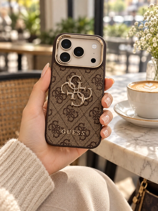 Чехол Guess 4G Classic Logo для iPhone 18 Pro / 17 Pro, коричневый с золотистыми деталями