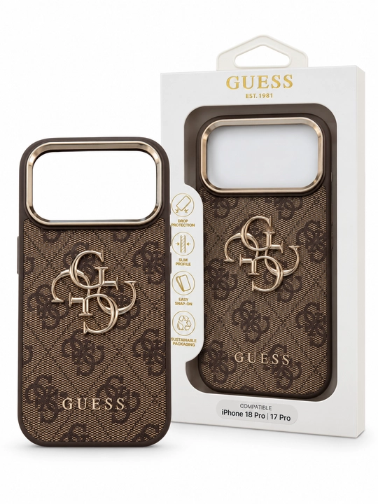 Чехол Guess 4G Classic Logo для iPhone 18 Pro / 17 Pro, коричневый с золотистыми деталями