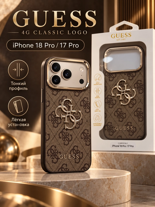 Чехол Guess 4G Classic Logo для iPhone 18 Pro / 17 Pro, коричневый с золотистыми деталями - 