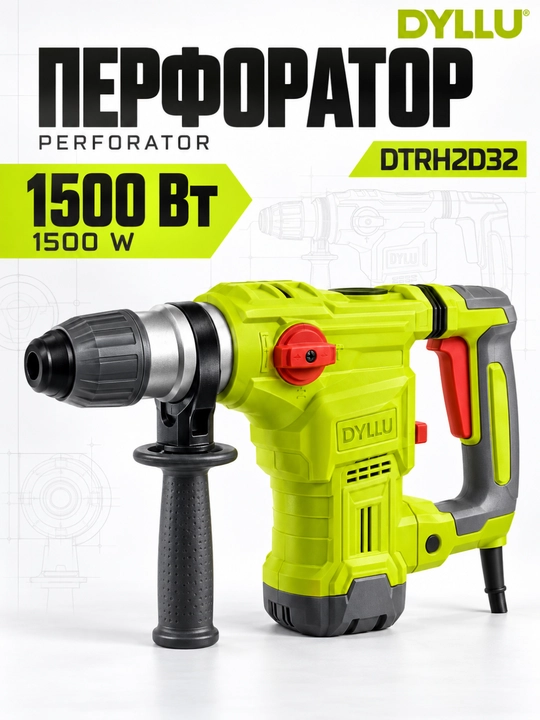 Перфоратор DYLLU DTRH2D32, 1500 Вт, сетевой, с дополнительной рукояткой - 