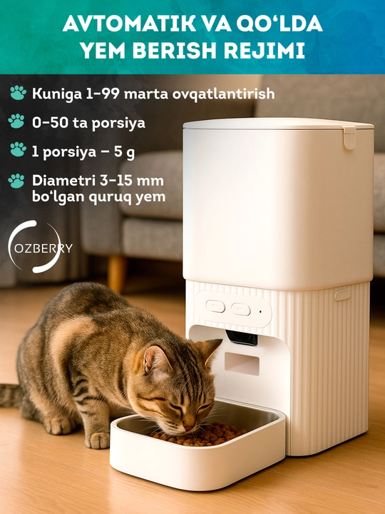 Aqlli avtomatik oziqlantirgich, 6 litr, Wi-Fi va kamerali, mushuklar va itlar uchun