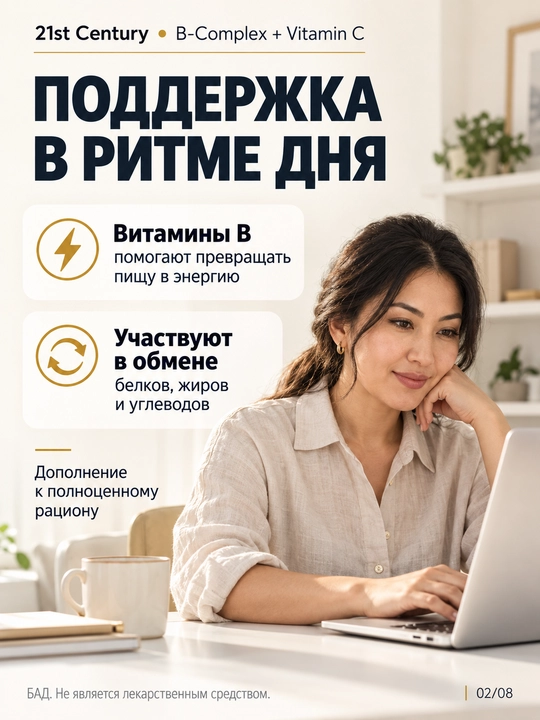 21st Century B-Kompleksi + C vitamini (B1, B6), energiya va asab uchun, 100 ta tabletka, Halol