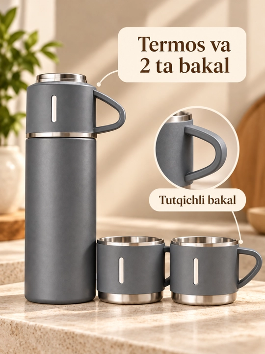 Termos 500 ml, 3 ta krujka bilan, sovg‘a qutisidagi to‘plam