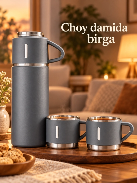 Termos 500 ml, 3 ta krujka bilan, sovg‘a qutisidagi to‘plam