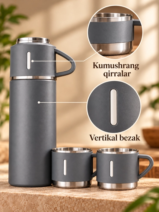 Termos 500 ml, 3 ta krujka bilan, sovg‘a qutisidagi to‘plam