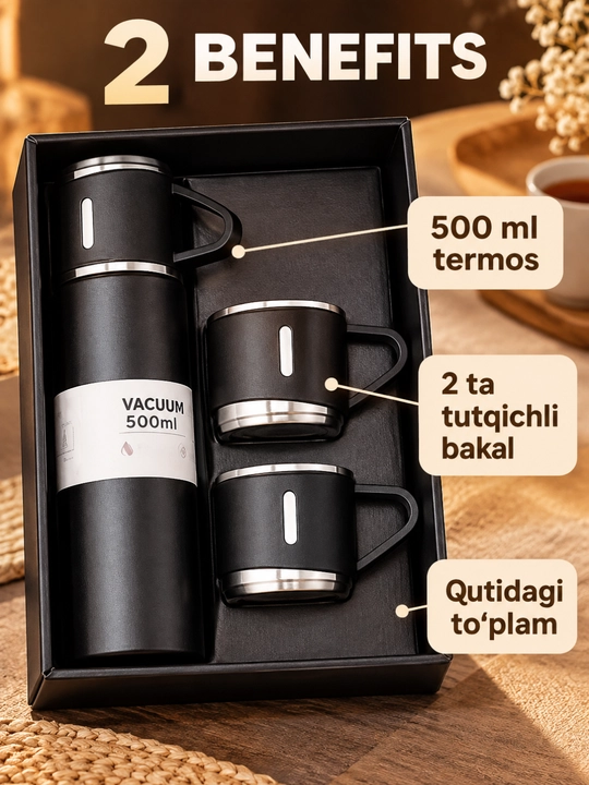 Termos 500 ml, 3 ta krujka bilan, sovg‘a qutisidagi to‘plam