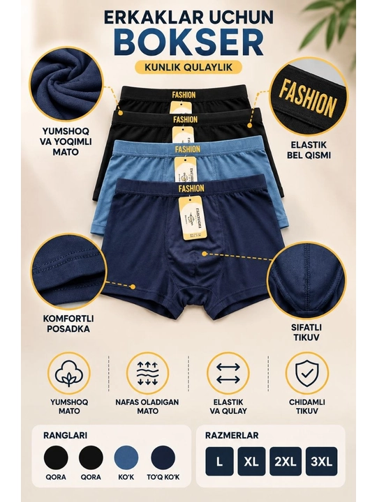 Erkaklar sport trusiklari bokserlar, 1 va 4 dona to‘plam, paxtadan