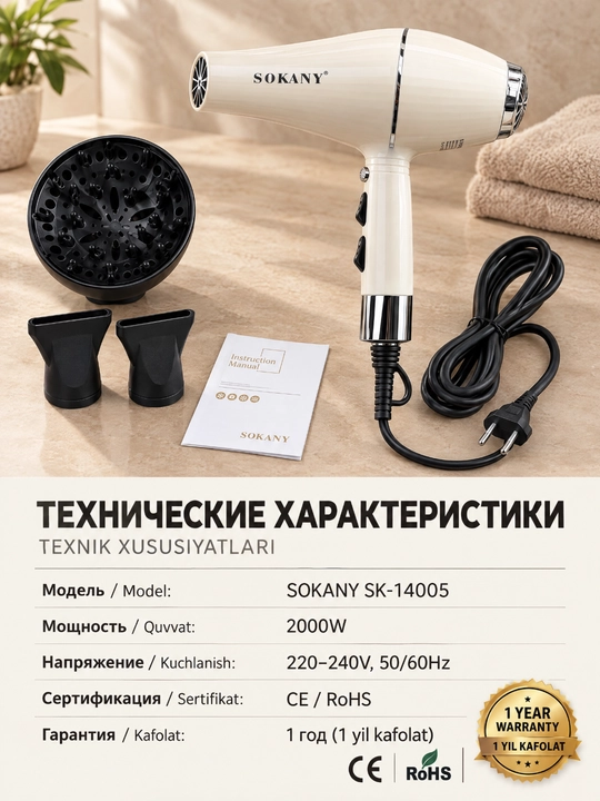 Фен для волос SOKANY SK-14005, 2000 Вт, профессиональный, с диффузором и концентратором