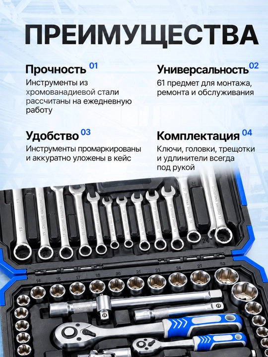 Набор ключей и торцевых головок DALI 61 предмет, 1/2 и 1/4 дюйма, в кейсе