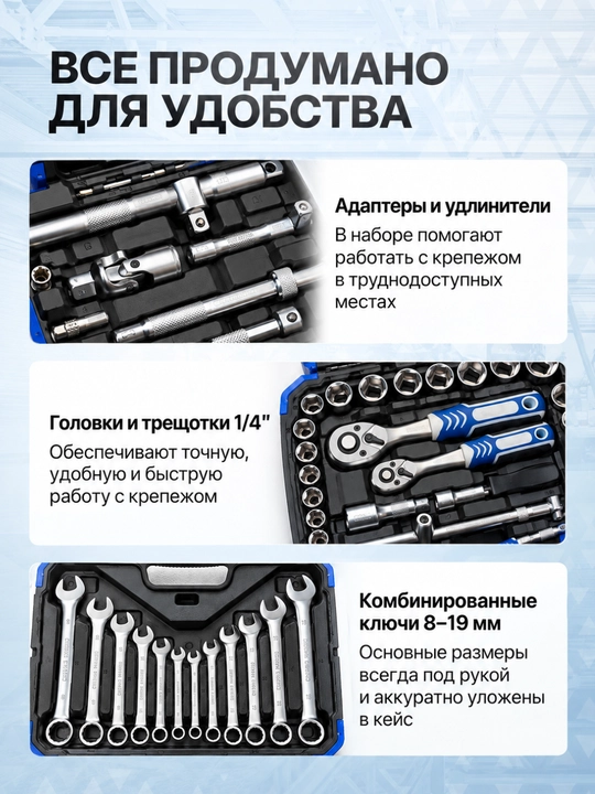 Набор ключей и торцевых головок DALI 61 предмет, 1/2 и 1/4 дюйма, в кейсе