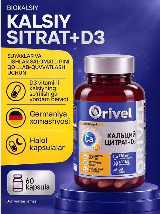 Kalsiy + Vitamin D3 (770 mg/400 XB) Biokalsiy – suyak va tishlar uchun