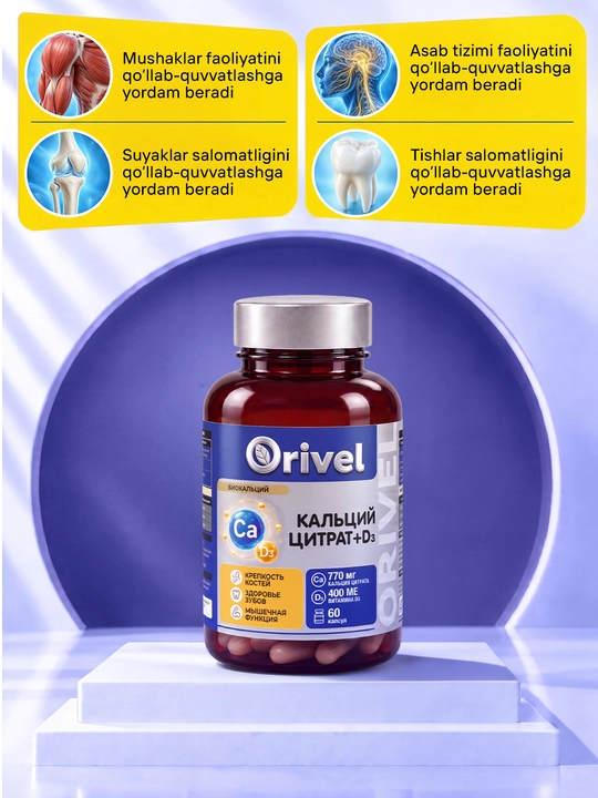 Kalsiy + Vitamin D3 (770 mg/400 XB) Biokalsiy – suyak va tishlar uchun