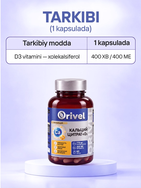 Kalsiy + Vitamin D3 (770 mg/400 XB) Biokalsiy – suyak va tishlar uchun