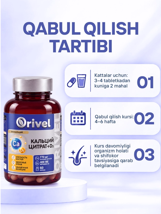 Kalsiy + Vitamin D3 (770 mg/400 XB) Biokalsiy – suyak va tishlar uchun