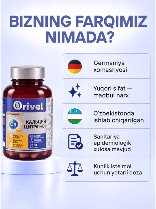 Kalsiy + Vitamin D3 (770 mg/400 XB) Biokalsiy – suyak va tishlar uchun