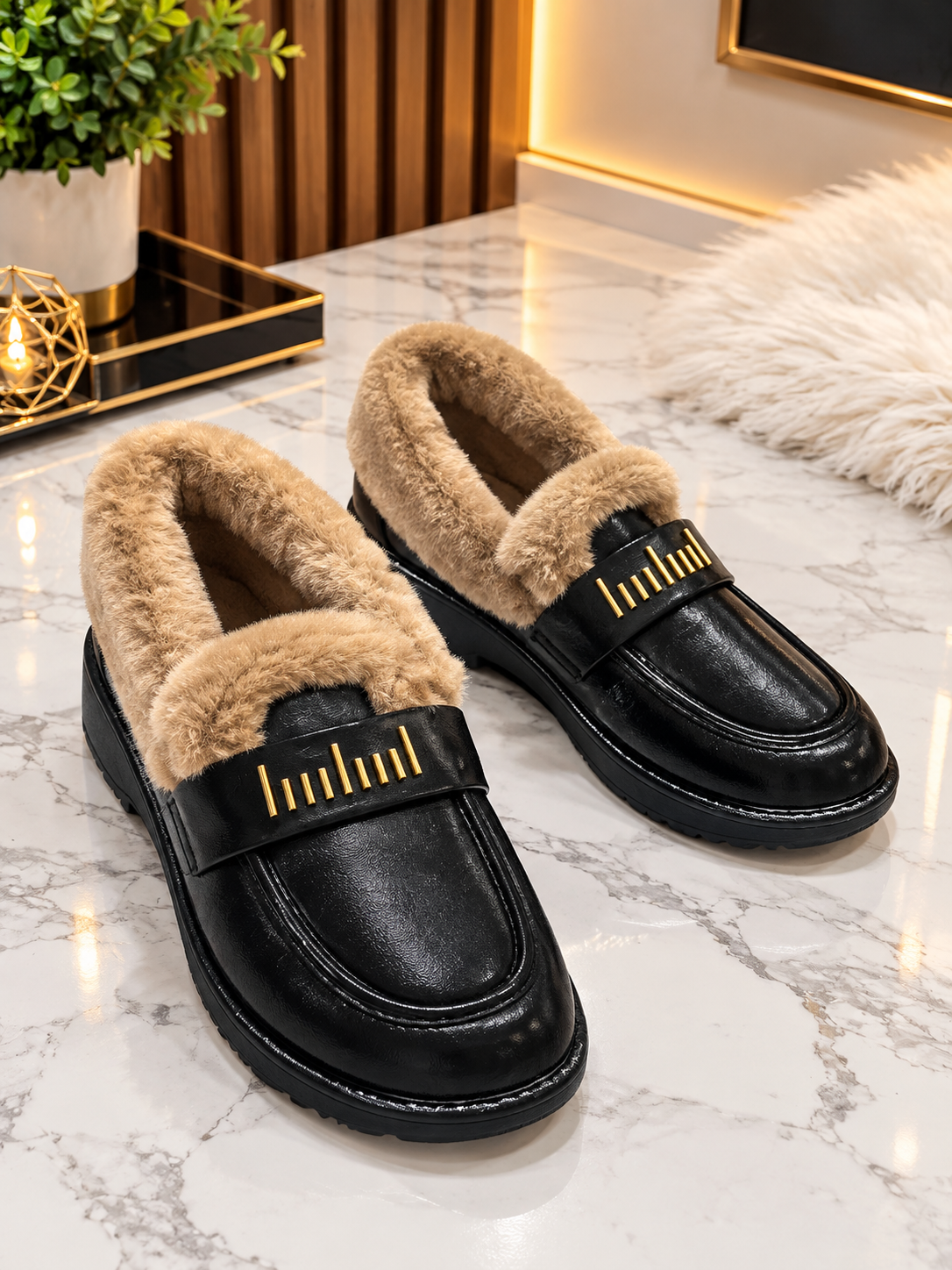 Ayollar tuflisi, qora loafer, mo‘ynali tufli, qishki tufli, issiq oyoq kiyim - 