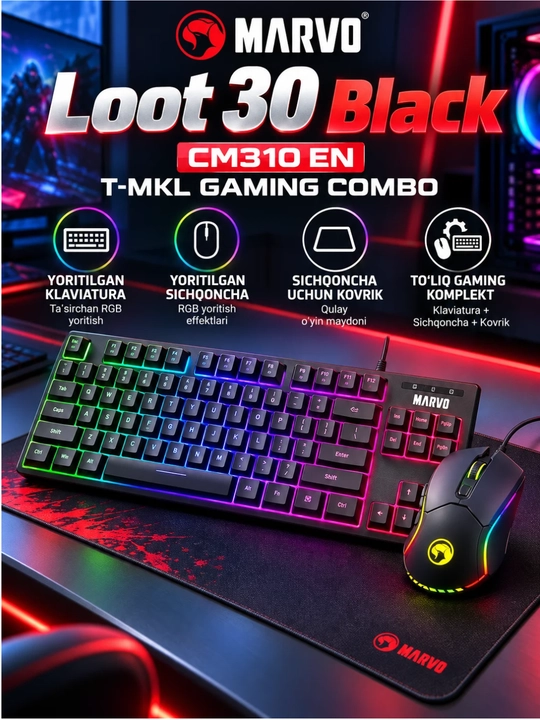 MARVO Loot 30 Black CM310 EN geymer to‘plami, klaviatura, sichqoncha va kovrik, RGB - 