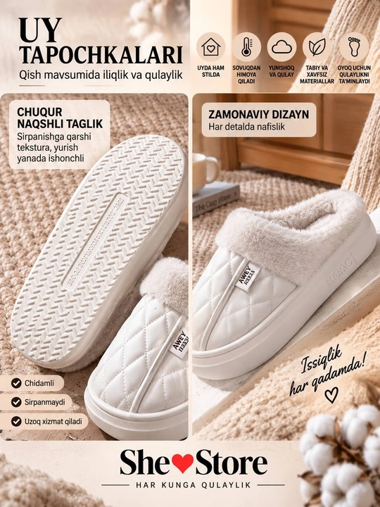 Ayollar uy shippaklari, ayollar poyabzali, mo‘ynali qishki 36-41-o‘lchamli shippaklar