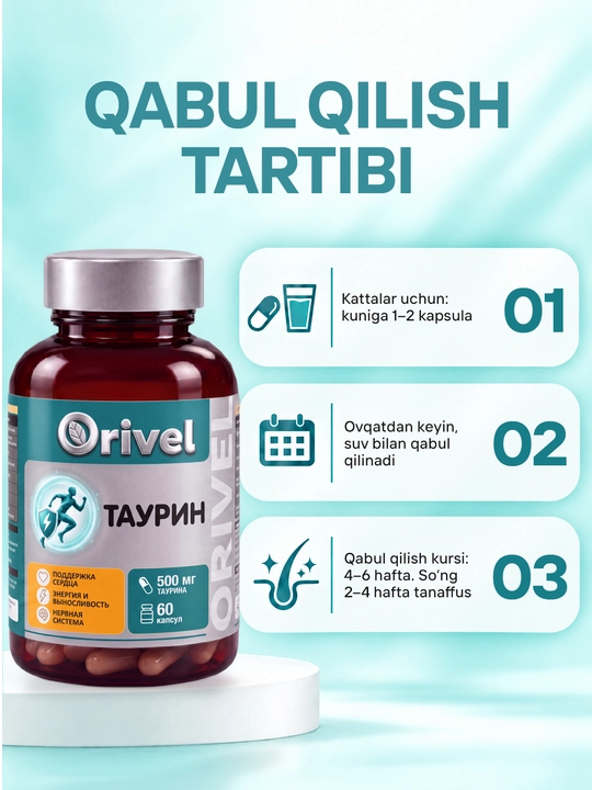 Taurin 500 mg - yurak va asab tizimini qo‘llab-quvvatlash, har kuni quvvat olish uchun