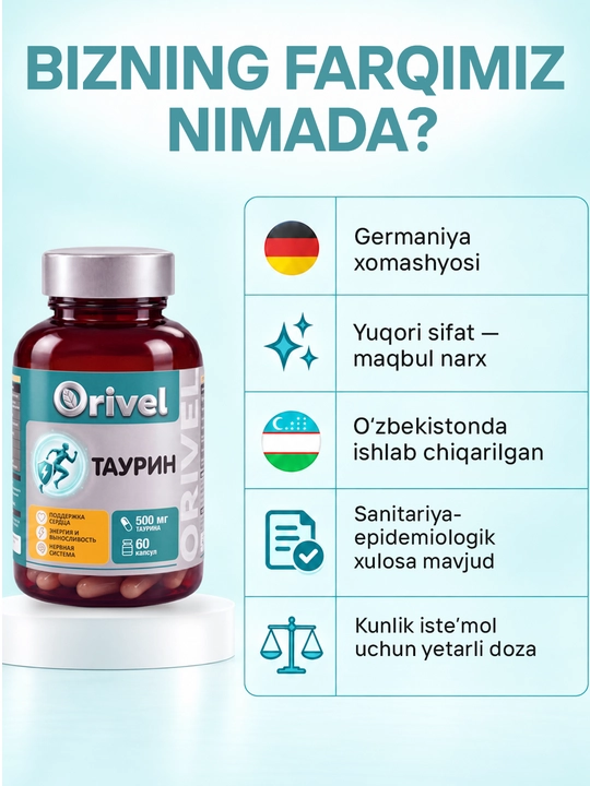 Taurin 500 mg - yurak va asab tizimini qo‘llab-quvvatlash, har kuni quvvat olish uchun