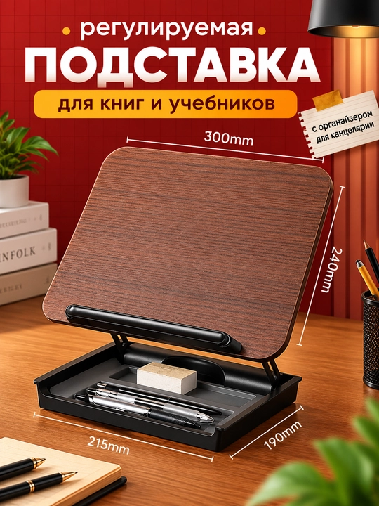 360° ga buriladigan va o‘qish uchun qisqichli yig‘ma yog‘och kitob qo‘yiladigan taglik - 