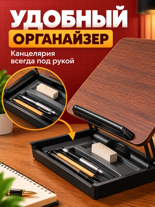 Подставка для книг складная деревянная с поворотом 360° и зажимами для чтения