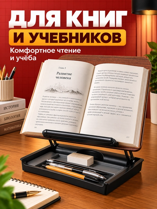 Подставка для книг складная деревянная с поворотом 360° и зажимами для чтения