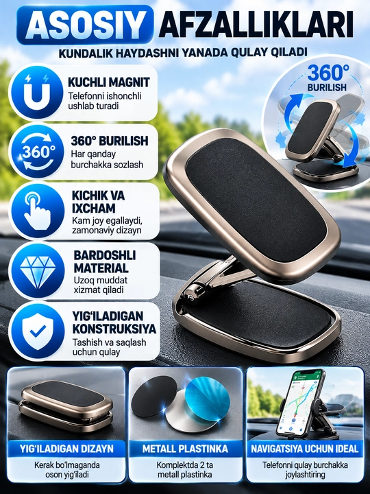 Magnitli avtomobil telefon ushlagichi, yig‘iladigan, 360° aylanuvchi - 