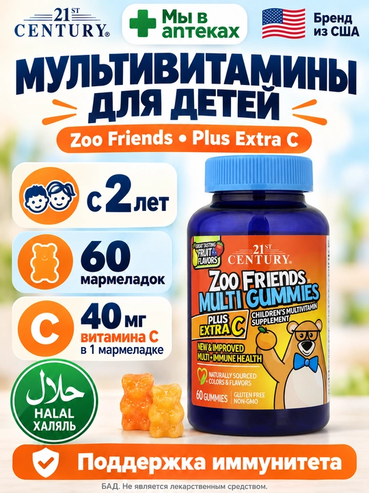 21st Century Zoo Friends Мультивитаминные жевательные +с витамином C, 60 шт - 