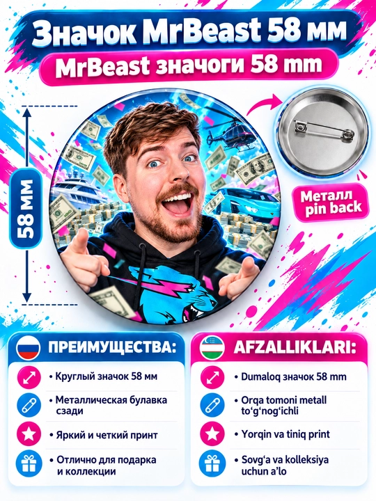 Значок MrBeast, 58 мм, с металлической булавкой, 10 ярких дизайнов на выбор - 