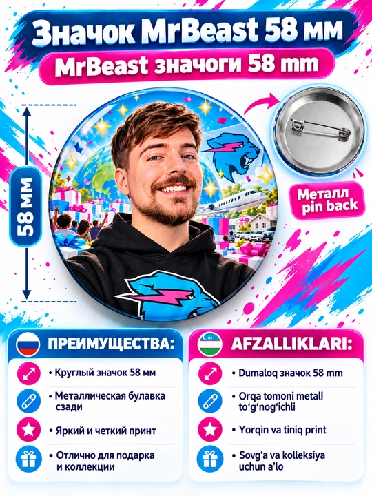 MrBeast nishoni, 58 mm, metall to‘g‘nog‘ichli, tanlash uchun 10 xil yorqin dizayn - 