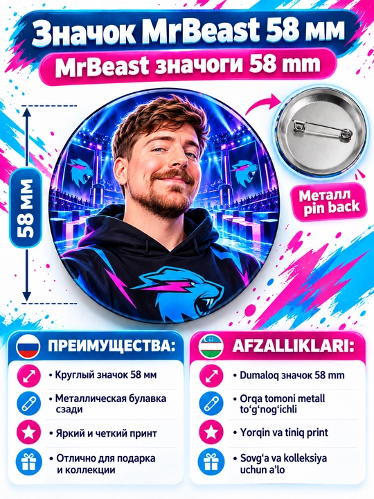 Значок MrBeast, 58 мм, с металлической булавкой, 10 ярких дизайнов на выбор - 