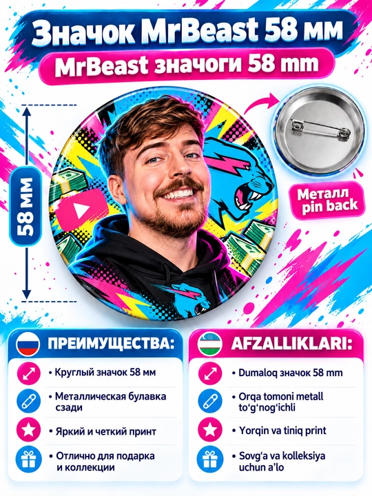MrBeast nishoni, 58 mm, metall to‘g‘nog‘ichli, tanlash uchun 10 xil yorqin dizayn - 