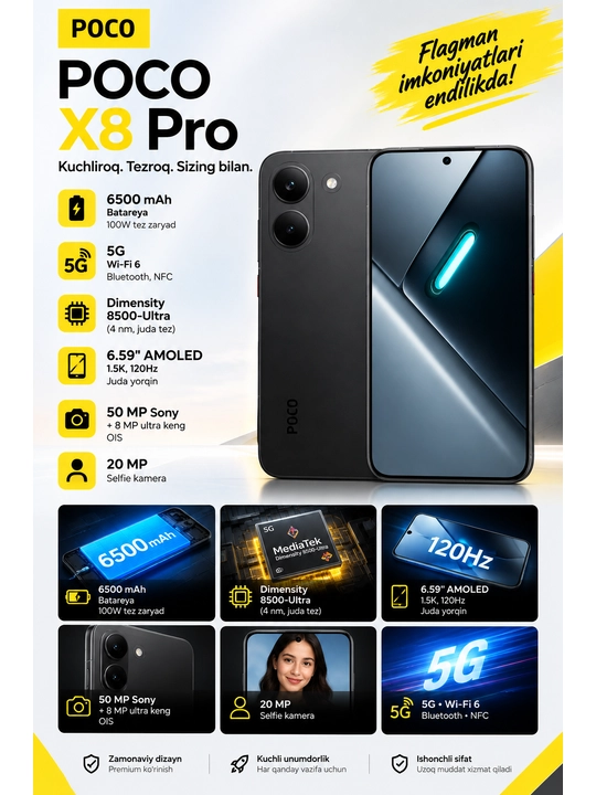 Xiaomi POCO X8 Pro 5G 12/512GB, AMOLED 120Hz, 50MP OIS камера, 6500mAh, 100W - 