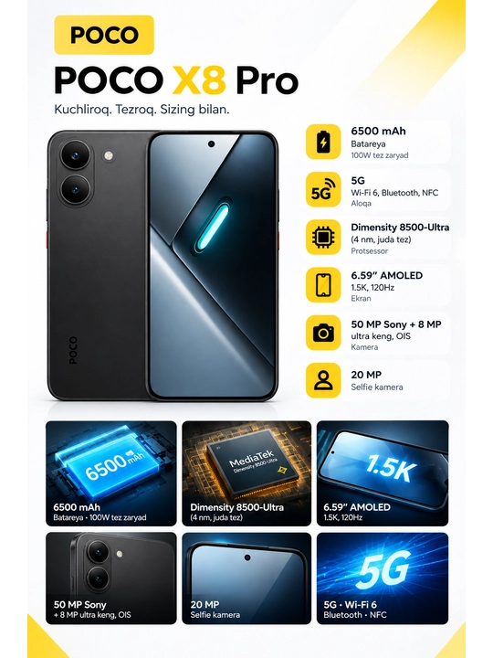 Xiaomi POCO X8 Pro 5G 12/512GB, AMOLED 120Hz, 50MP OIS kamera, 6500mAh, 100W