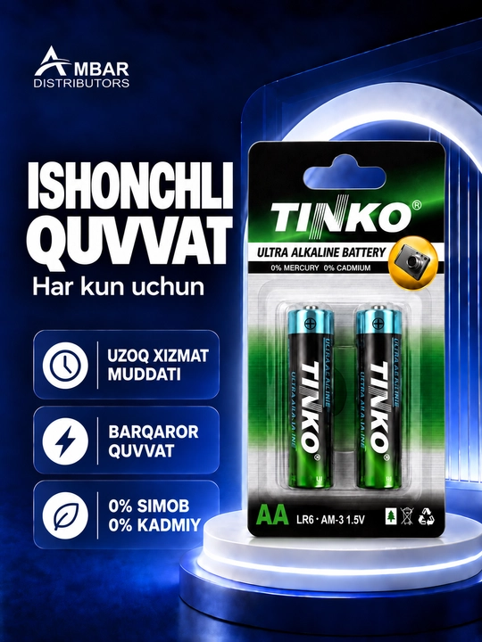 TINKO AA LR6 ishqoriy batareyalar, pult va o‘yinchoqlar uchun, 1,5 V, 2 dona