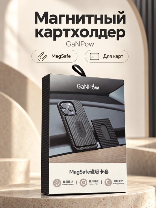 Магнитный картхолдер GaNPow MagSafe для смартфона, чёрный с карбоновым рисунком - 